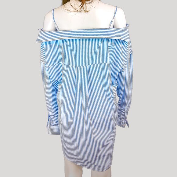 Know One Cares off Shoulder Stipe Button up Poplin Unique Women's Shirt - Picture 2 of 4
